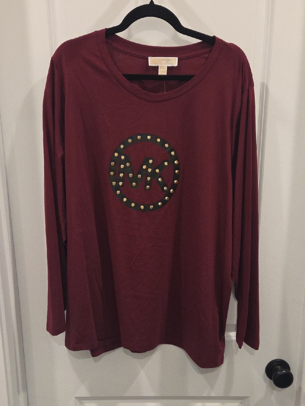 Michael Kors Maroon Long Sleeve Top with Gold-Stud Logo